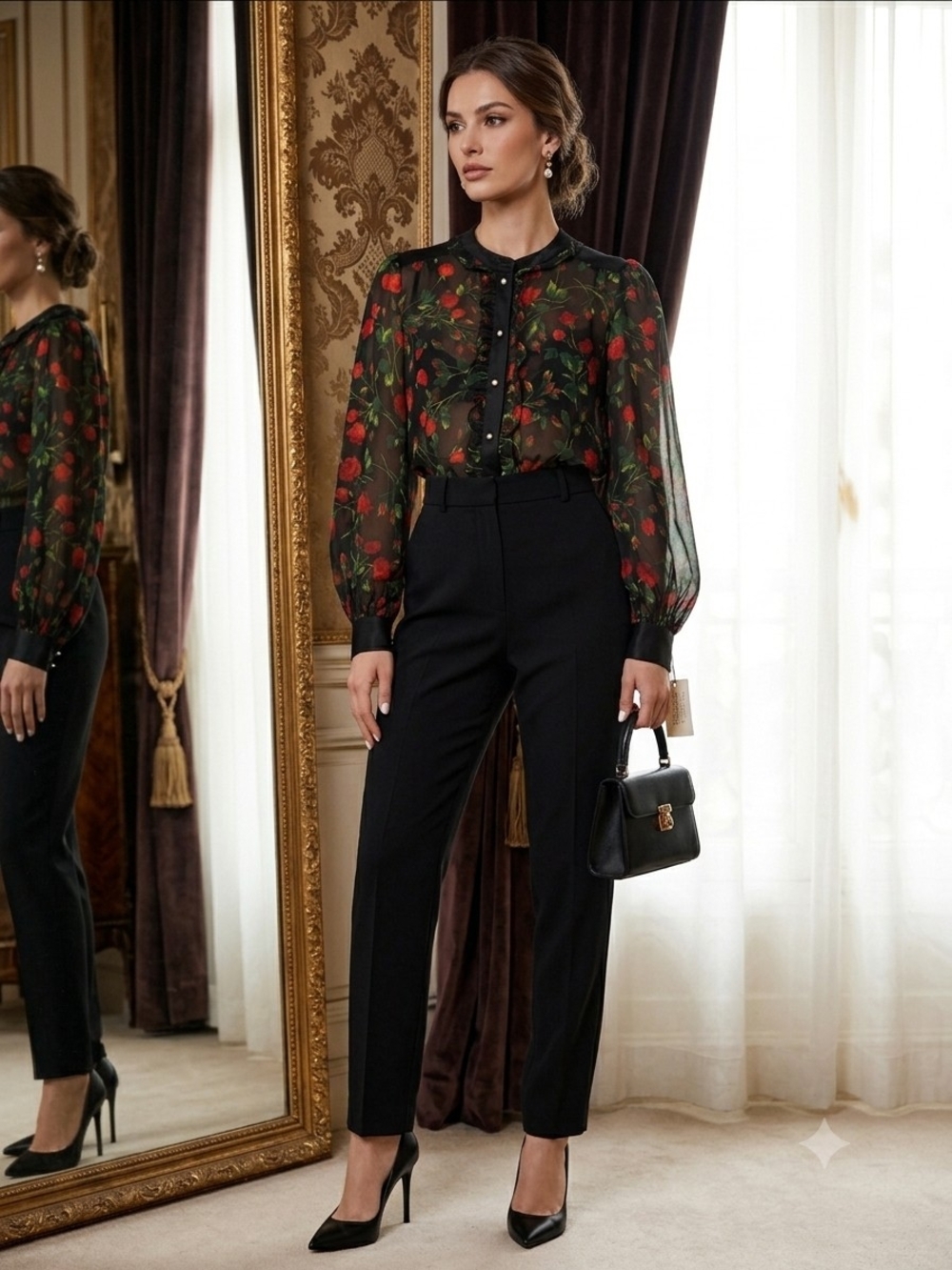 D&G Black Sheer Rose Print Button-Up Blouse Plus A Matching CAMISOLE SIZE S - Picture 2 of 10